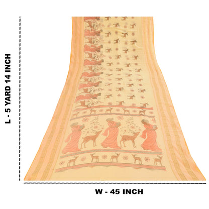 Sanskriti Vintage Sarees Peach Women Deer Pure Cotton Printed Sari 5+yd Fabric