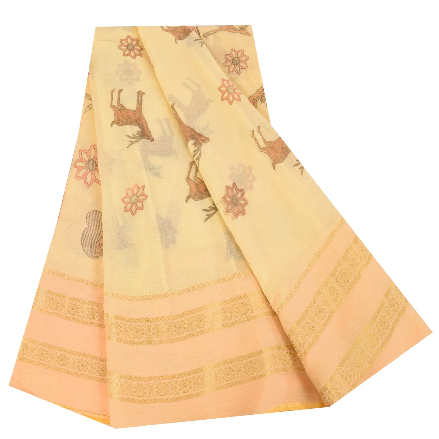 Sanskriti Vintage Sarees Peach Women Deer Pure Cotton Printed Sari 5+yd Fabric