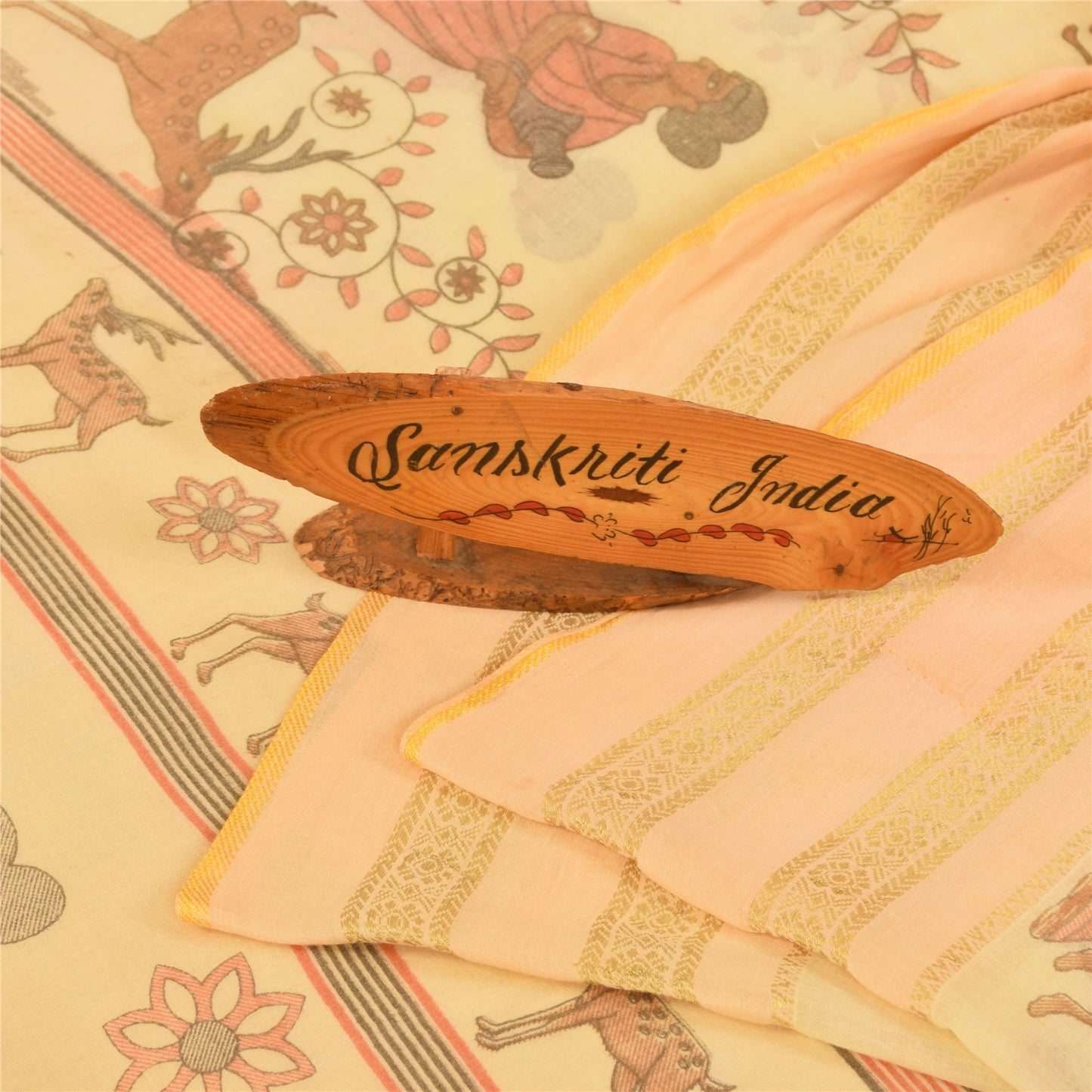 Sanskriti Vintage Sarees Peach Women Deer Pure Cotton Printed Sari 5+yd Fabric