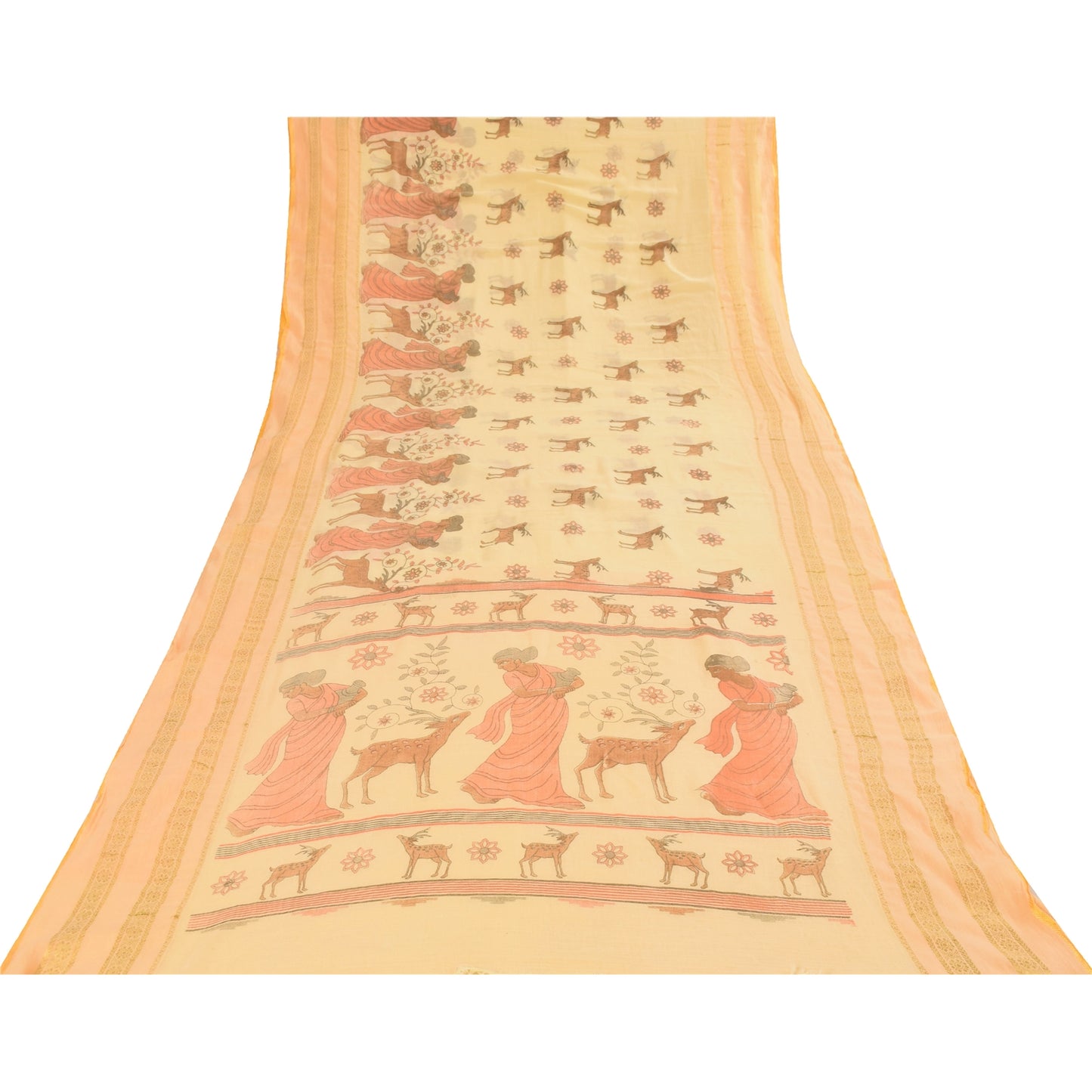 Sanskriti Vintage Sarees Peach Women Deer Pure Cotton Printed Sari 5+yd Fabric