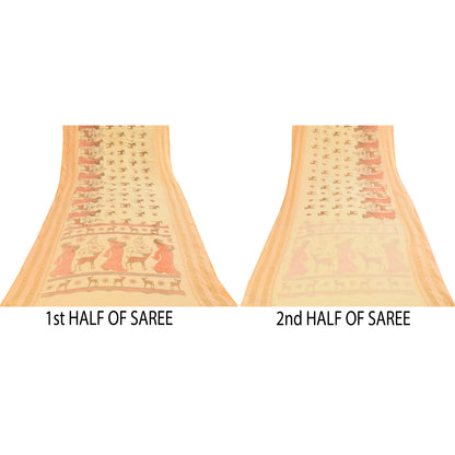 Sanskriti Vintage Sarees Peach Women Deer Pure Cotton Printed Sari 5+yd Fabric