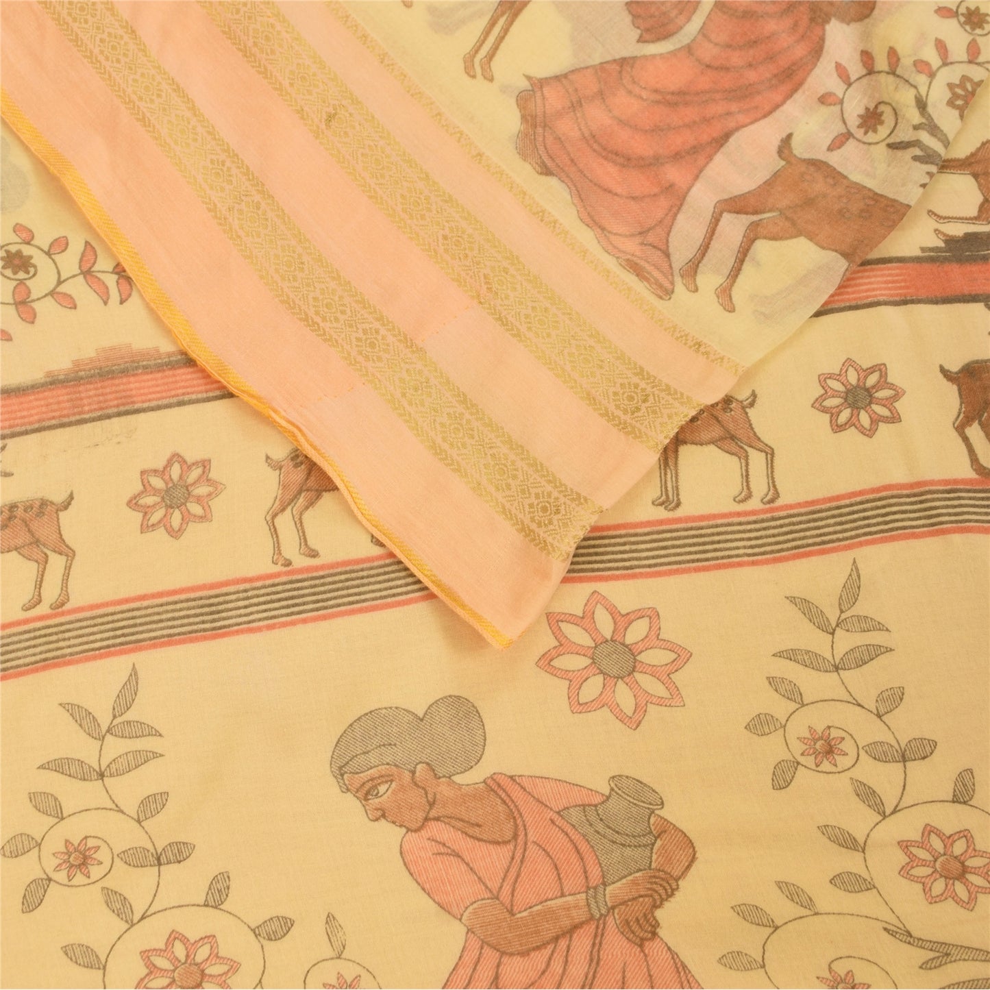Sanskriti Vintage Sarees Peach Women Deer Pure Cotton Printed Sari 5+yd Fabric