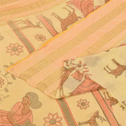 Sanskriti Vintage Sarees Peach Women Deer Pure Cotton Printed Sari 5+yd Fabric