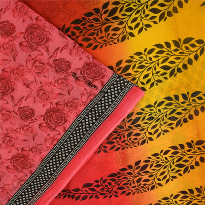 Sanskriti Vintage Sarees Red & Yellow Pure Cotton Printed Sari 5+yd Craft Fabric