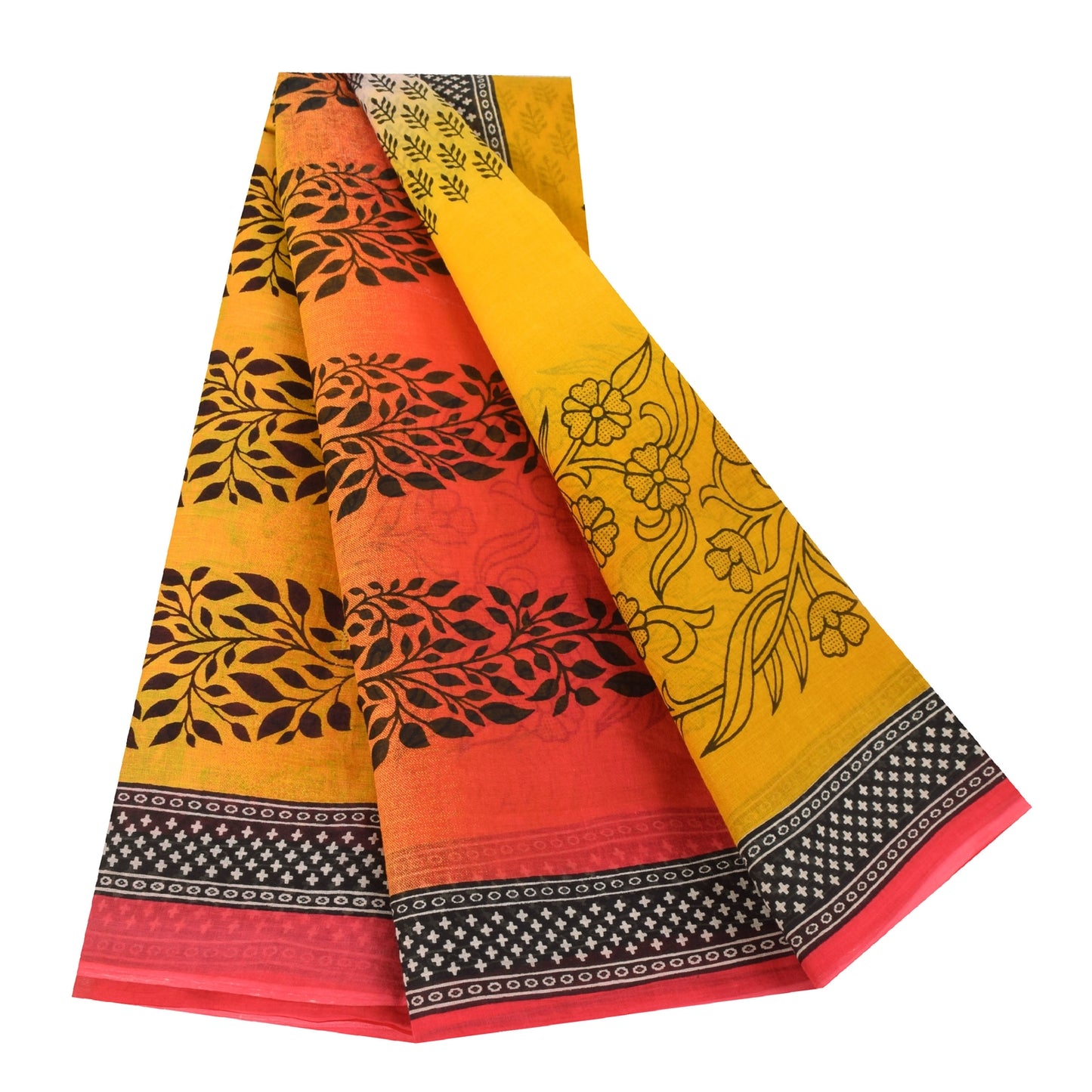 Sanskriti Vintage Sarees Red & Yellow Pure Cotton Printed Sari 5+yd Craft Fabric