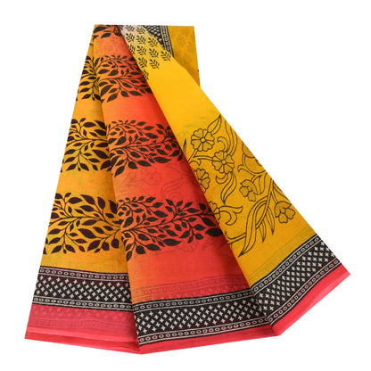 Sanskriti Vintage Sarees Red & Yellow Pure Cotton Printed Sari 5+yd Craft Fabric