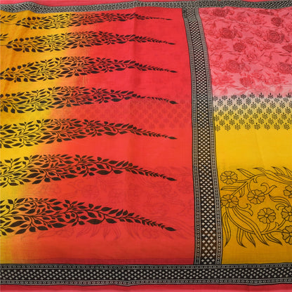 Sanskriti Vintage Sarees Red & Yellow Pure Cotton Printed Sari 5+yd Craft Fabric