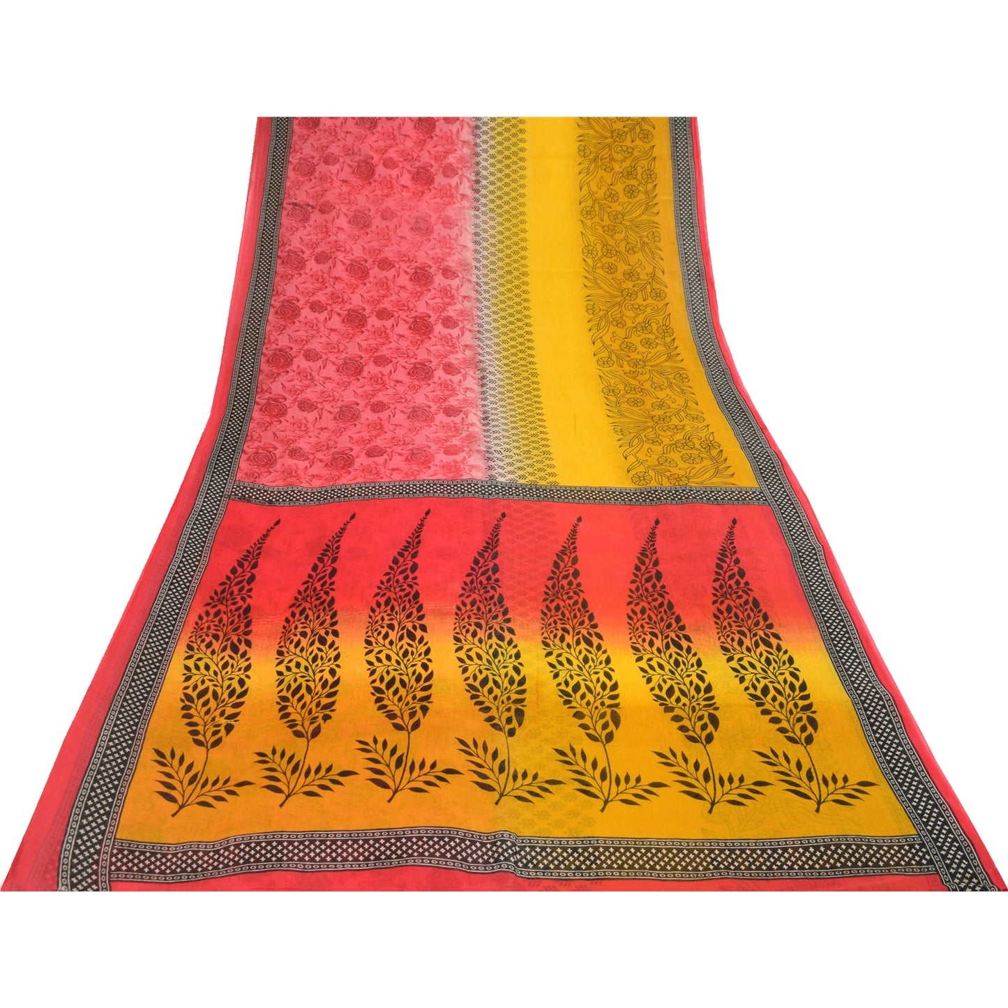 Sanskriti Vintage Sarees Red & Yellow Pure Cotton Printed Sari 5+yd Craft Fabric