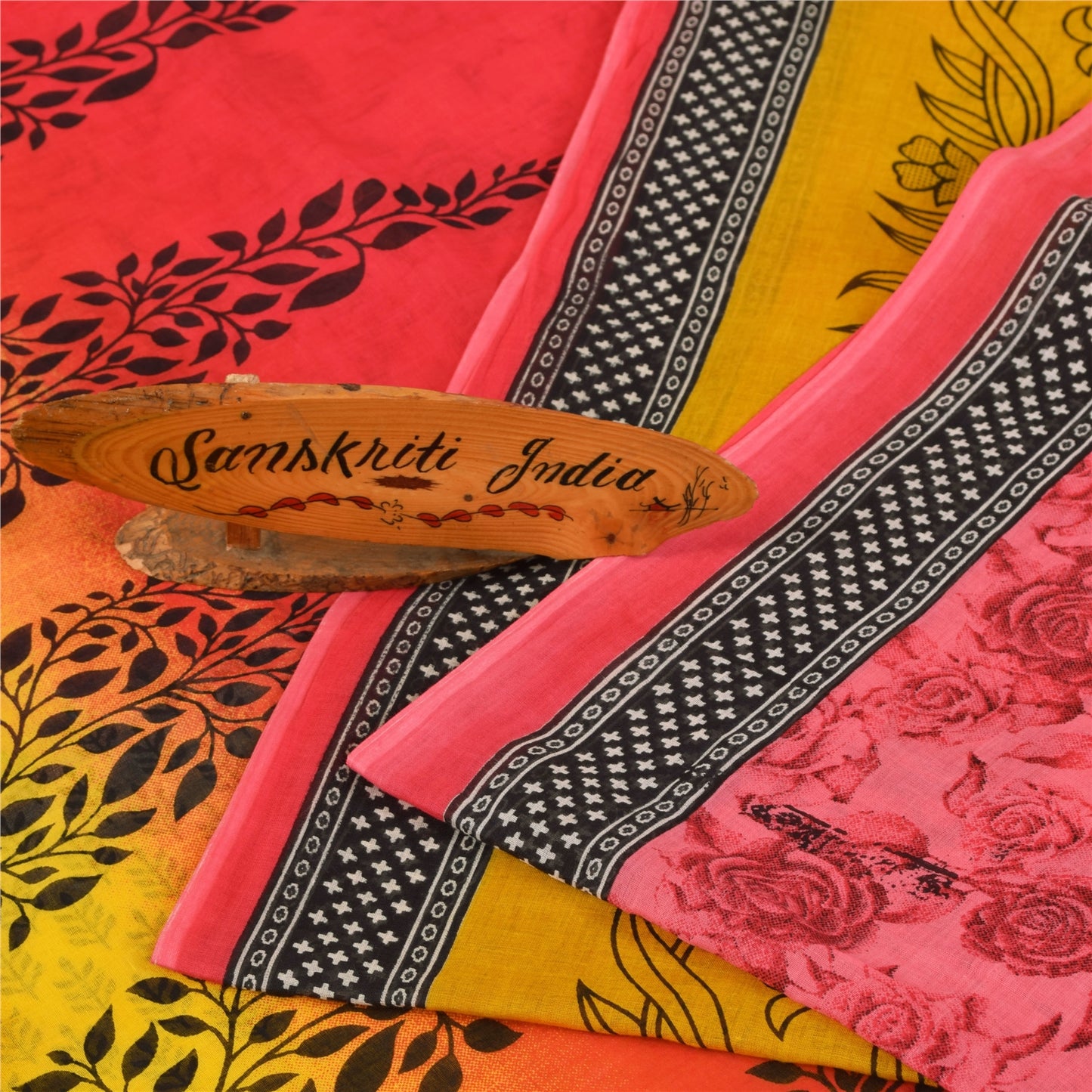 Sanskriti Vintage Sarees Red & Yellow Pure Cotton Printed Sari 5+yd Craft Fabric