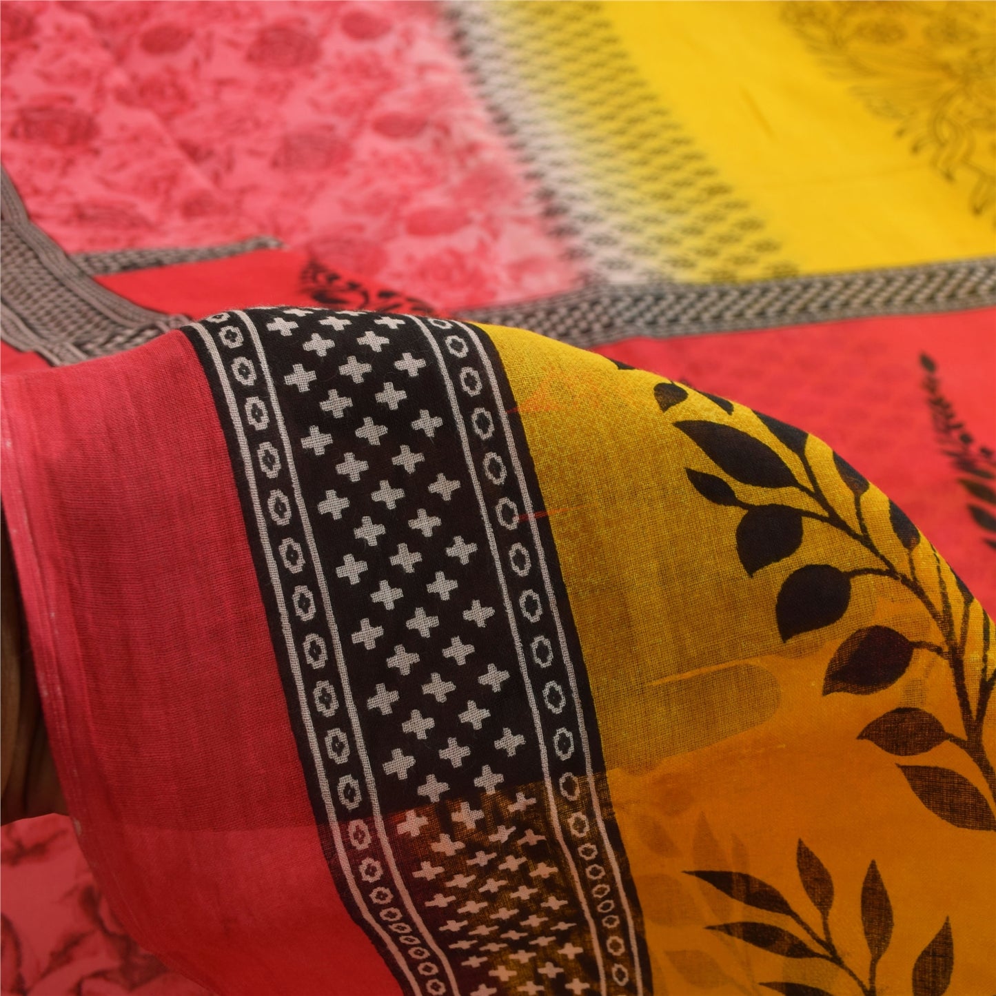 Sanskriti Vintage Sarees Red & Yellow Pure Cotton Printed Sari 5+yd Craft Fabric