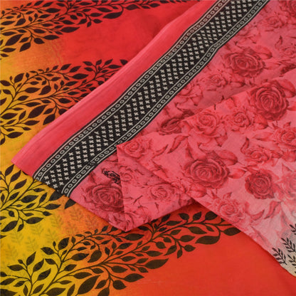 Sanskriti Vintage Sarees Red & Yellow Pure Cotton Printed Sari 5+yd Craft Fabric