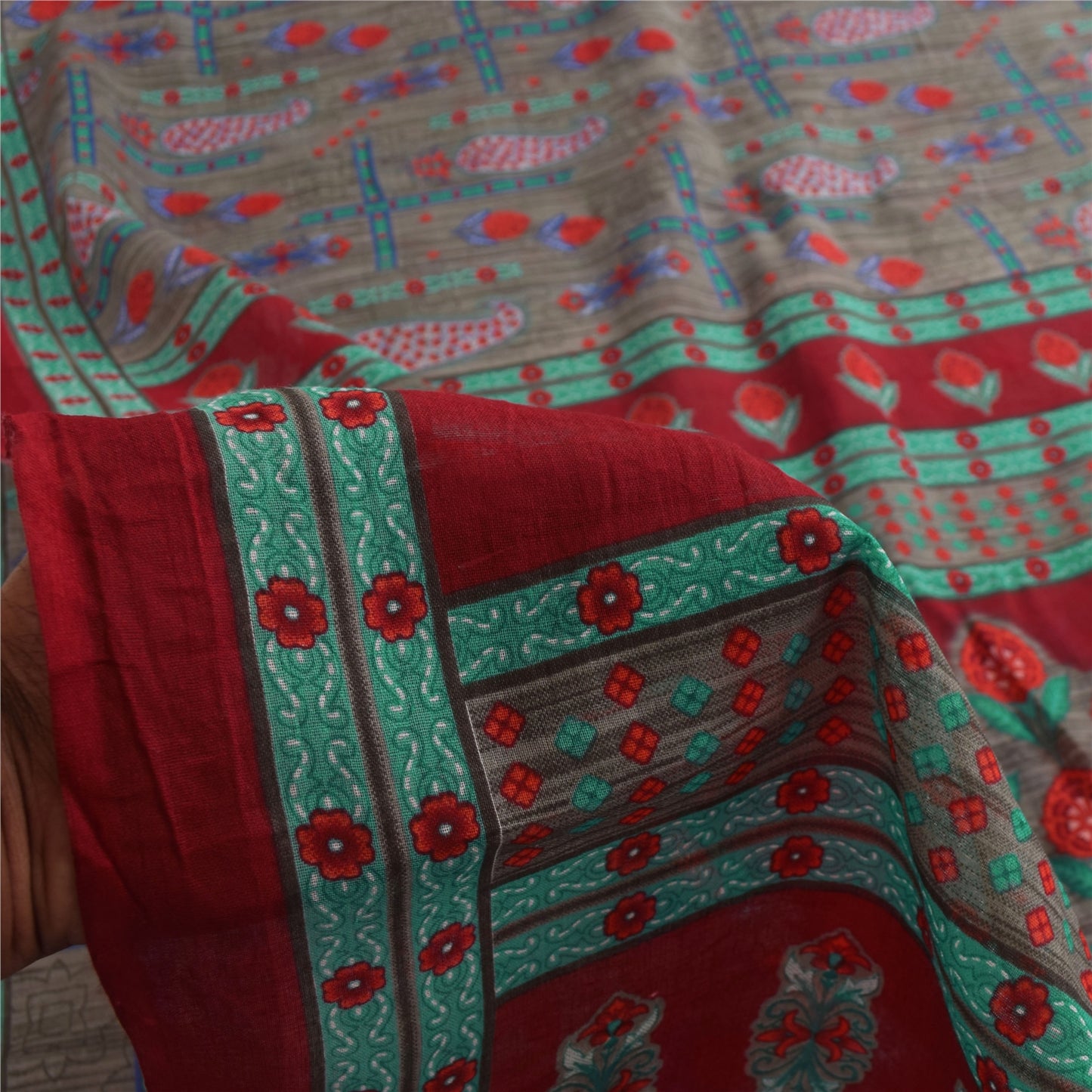 Sanskriti Vintage Sarees Indian Gray Pure Cotton Printed Sari 5+yd Craft Fabric