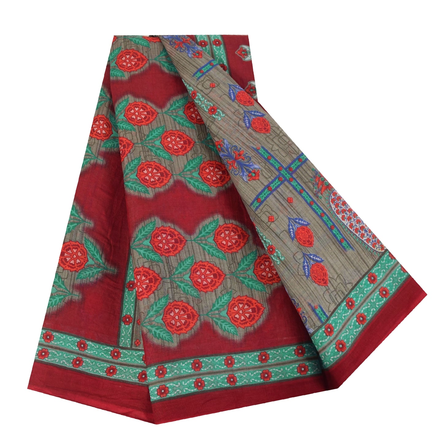 Sanskriti Vintage Sarees Indian Gray Pure Cotton Printed Sari 5+yd Craft Fabric