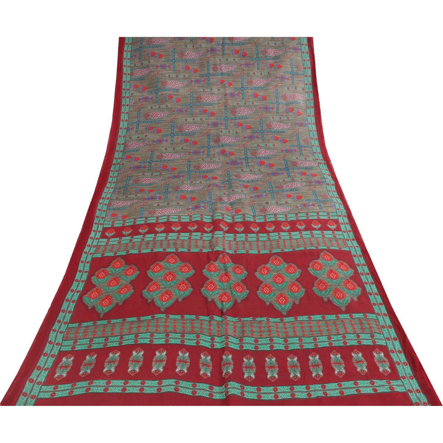 Sanskriti Vintage Sarees Indian Gray Pure Cotton Printed Sari 5+yd Craft Fabric