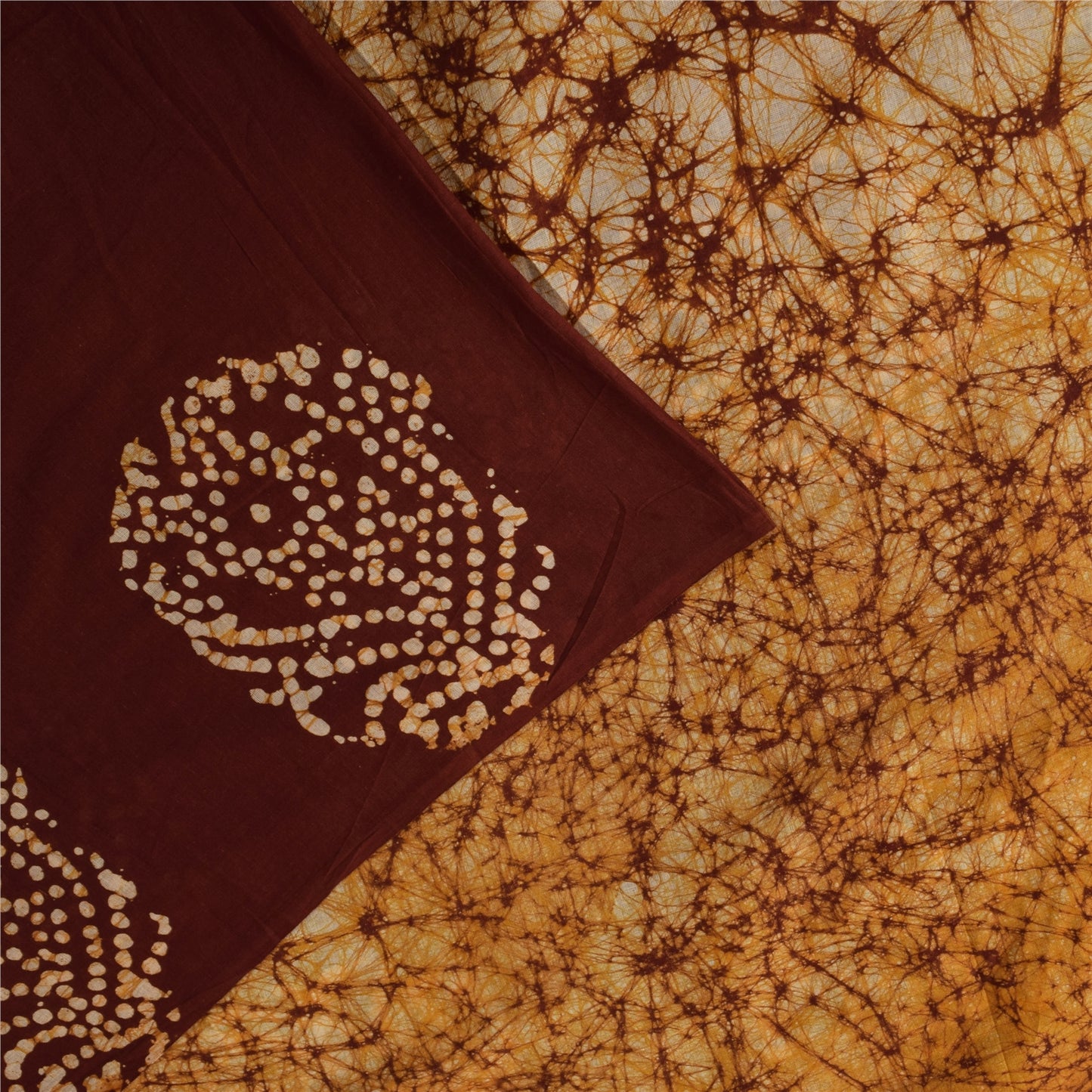 Sanskriti Vintage Sarees Brown Batik Work Pure Cotton Sari 5+yd Craft Fabric