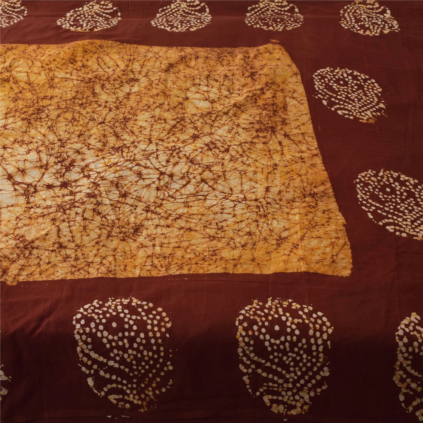 Sanskriti Vintage Sarees Brown Batik Work Pure Cotton Sari 5+yd Craft Fabric