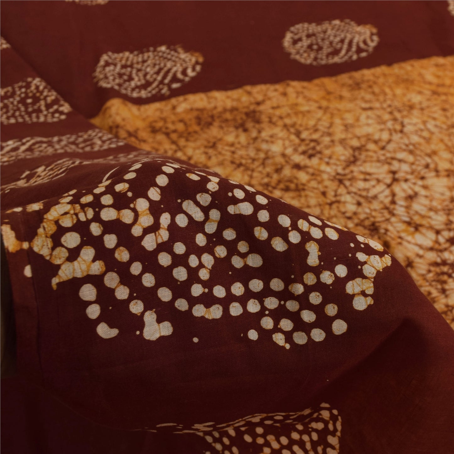 Sanskriti Vintage Sarees Brown Batik Work Pure Cotton Sari 5+yd Craft Fabric