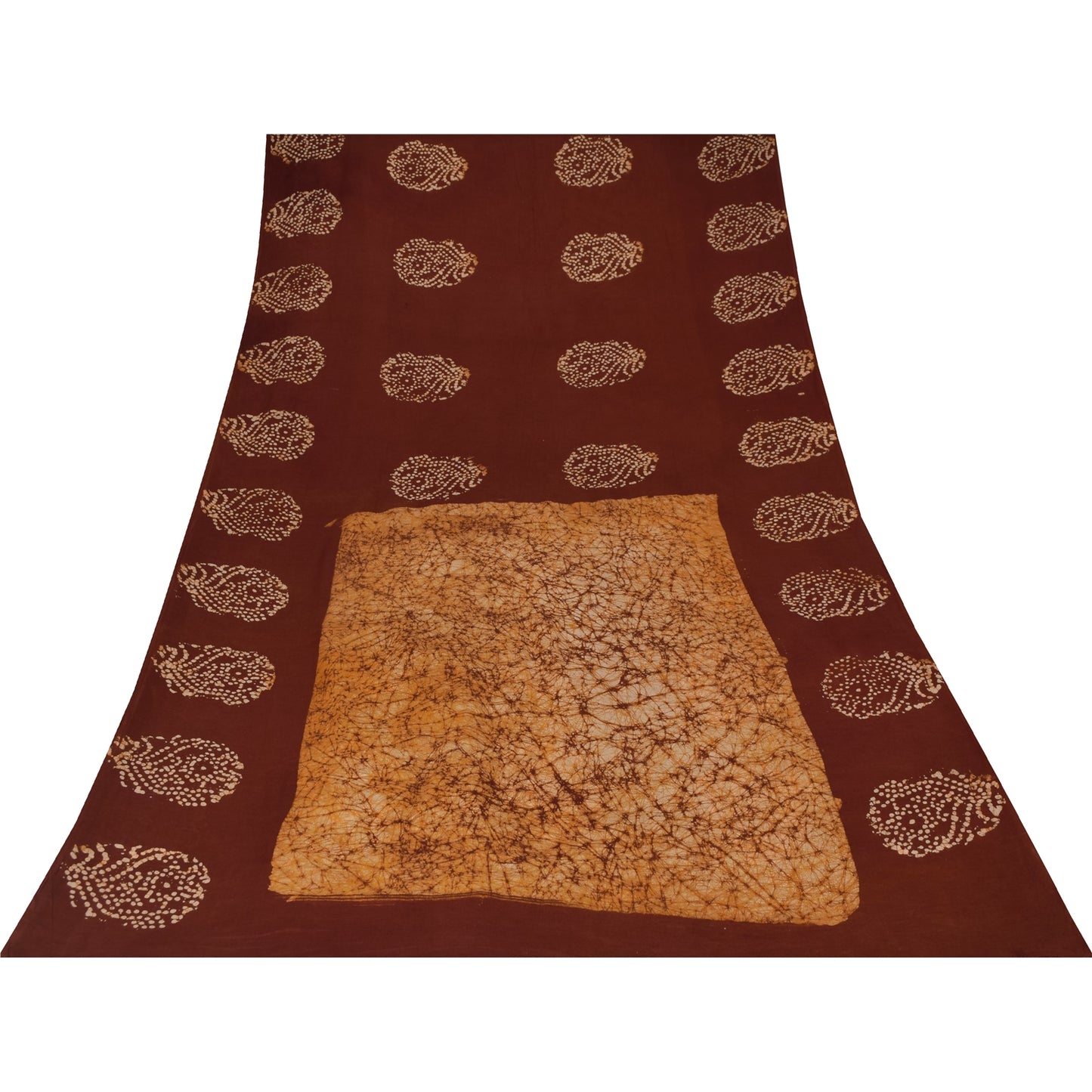Sanskriti Vintage Sarees Brown Batik Work Pure Cotton Sari 5+yd Craft Fabric