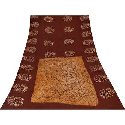 Sanskriti Vintage Sarees Brown Batik Work Pure Cotton Sari 5+yd Craft Fabric