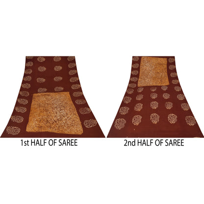 Sanskriti Vintage Sarees Brown Batik Work Pure Cotton Sari 5+yd Craft Fabric