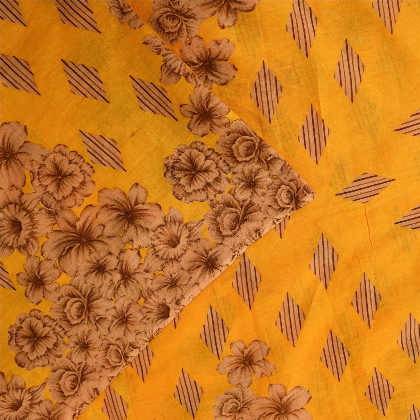 Sanskriti Vintage Sarees Indian Yellow Pure Cotton Print Sari 5+yd Craft Fabric
