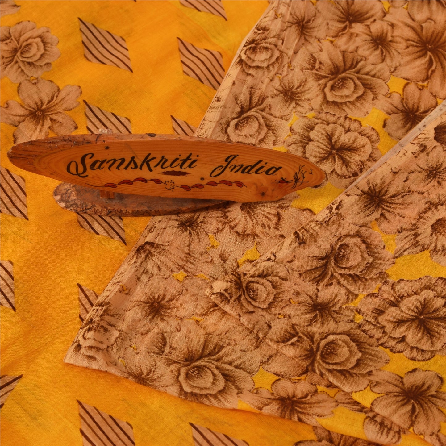 Sanskriti Vintage Sarees Indian Yellow Pure Cotton Print Sari 5+yd Craft Fabric