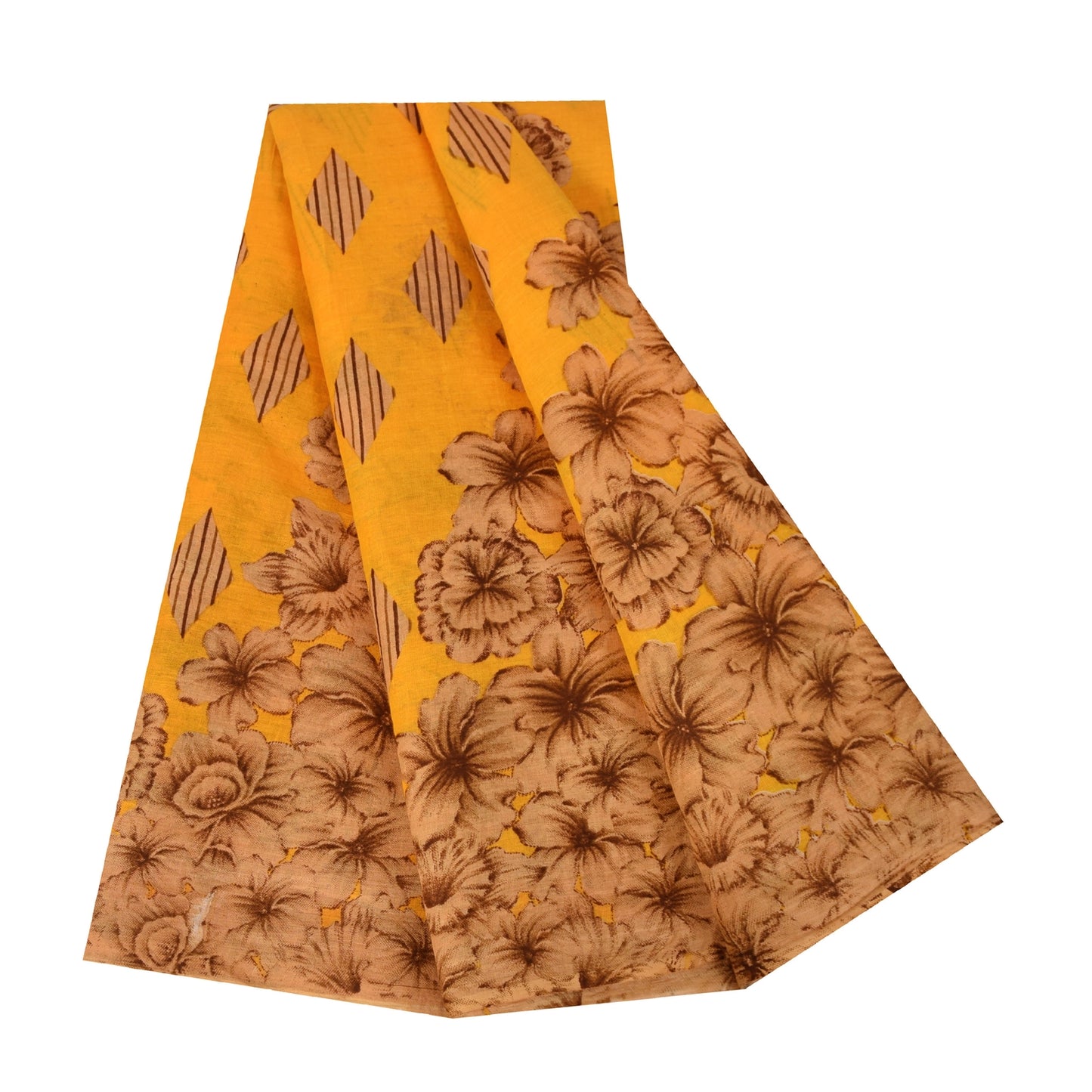 Sanskriti Vintage Sarees Indian Yellow Pure Cotton Print Sari 5+yd Craft Fabric