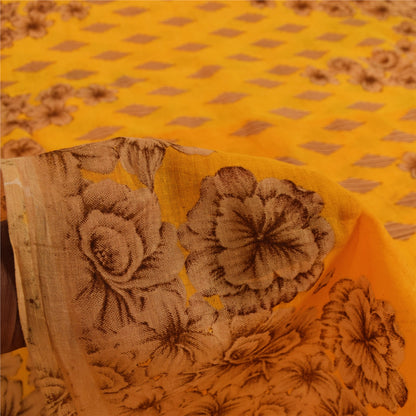 Sanskriti Vintage Sarees Indian Yellow Pure Cotton Print Sari 5+yd Craft Fabric