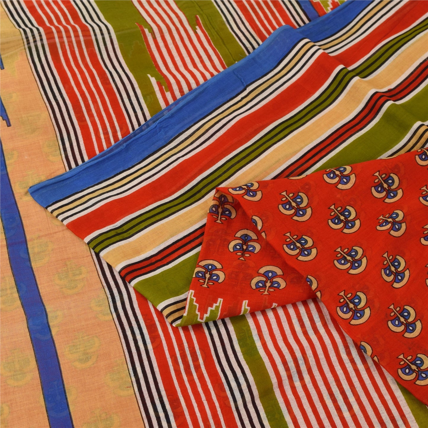 Sanskriti Vintage Sarees Reddish Orange Pure Cotton Print Sari 5+yd Craft Fabric