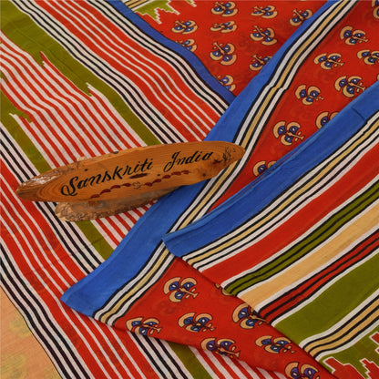 Sanskriti Vintage Sarees Reddish Orange Pure Cotton Print Sari 5+yd Craft Fabric