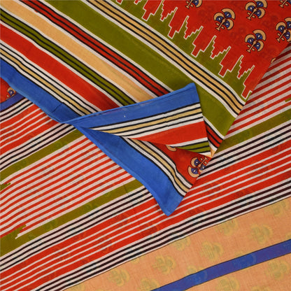 Sanskriti Vintage Sarees Reddish Orange Pure Cotton Print Sari 5+yd Craft Fabric