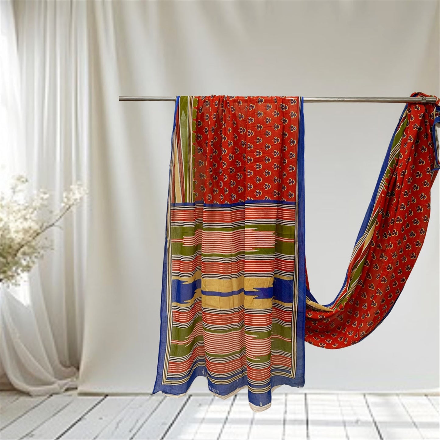 Sanskriti Vintage Sarees Reddish Orange Pure Cotton Print Sari 5+yd Craft Fabric