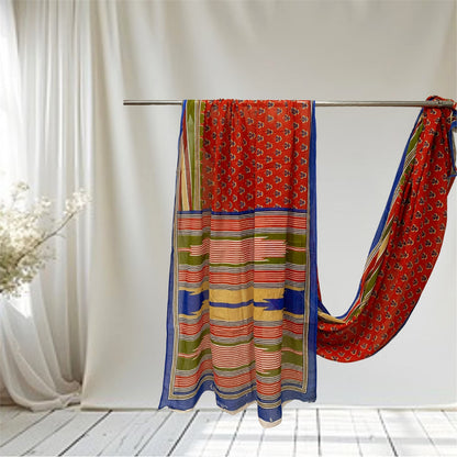 Sanskriti Vintage Sarees Reddish Orange Pure Cotton Print Sari 5+yd Craft Fabric