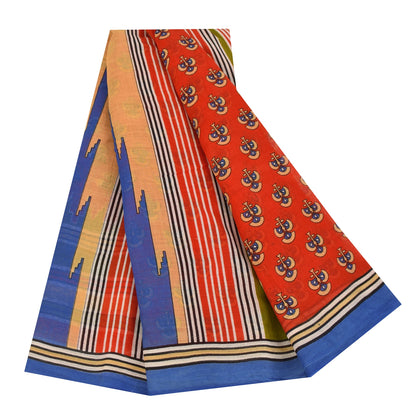 Sanskriti Vintage Sarees Reddish Orange Pure Cotton Print Sari 5+yd Craft Fabric