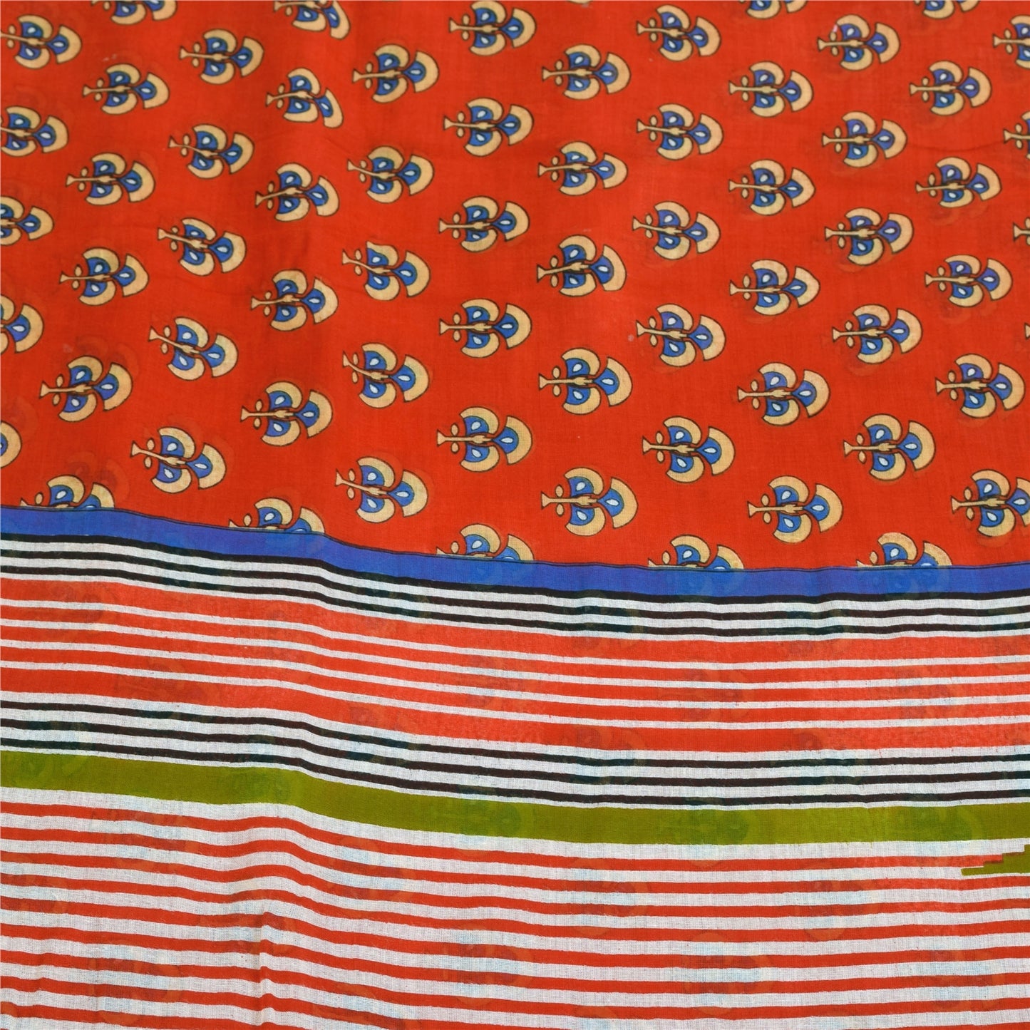 Sanskriti Vintage Sarees Reddish Orange Pure Cotton Print Sari 5+yd Craft Fabric