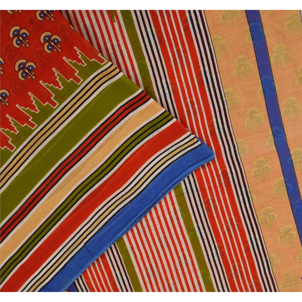 Sanskriti Vintage Sarees Reddish Orange Pure Cotton Print Sari 5+yd Craft Fabric