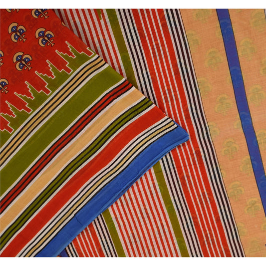 Sanskriti Vintage Sarees Reddish Orange Pure Cotton Print Sari 5+yd Craft Fabric