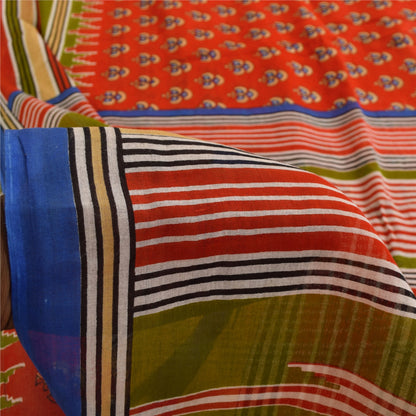 Sanskriti Vintage Sarees Reddish Orange Pure Cotton Print Sari 5+yd Craft Fabric