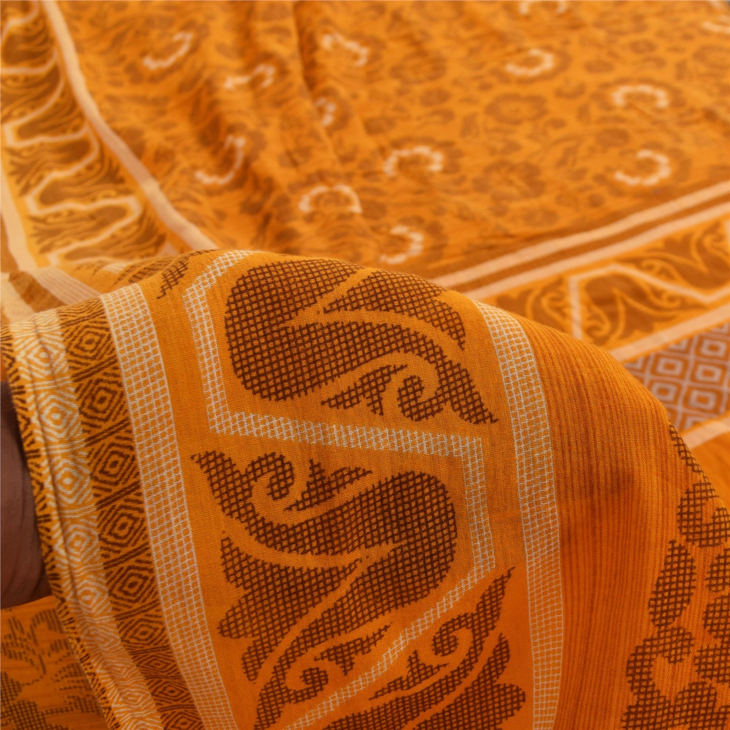 Sanskriti Vintage Sarees Indian Saffron Pure Cotton Print Sari 5+yd Craft Fabric