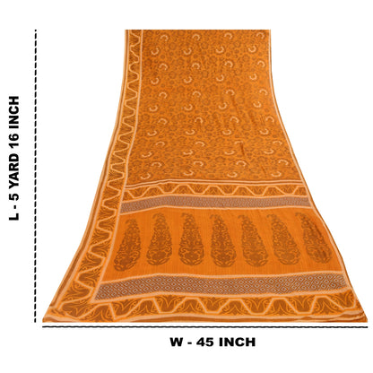 Sanskriti Vintage Sarees Indian Saffron Pure Cotton Print Sari 5+yd Craft Fabric