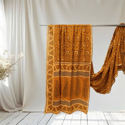 Sanskriti Vintage Sarees Indian Saffron Pure Cotton Print Sari 5+yd Craft Fabric