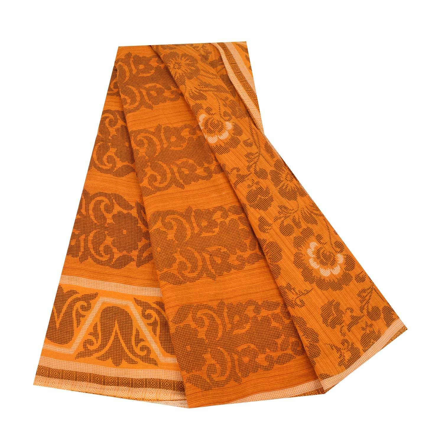 Sanskriti Vintage Sarees Indian Saffron Pure Cotton Print Sari 5+yd Craft Fabric