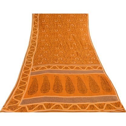 Sanskriti Vintage Sarees Indian Saffron Pure Cotton Print Sari 5+yd Craft Fabric