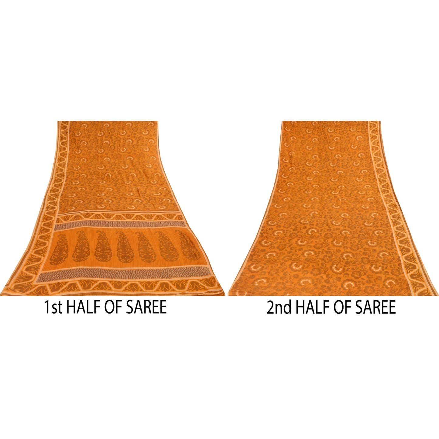 Sanskriti Vintage Sarees Indian Saffron Pure Cotton Print Sari 5+yd Craft Fabric