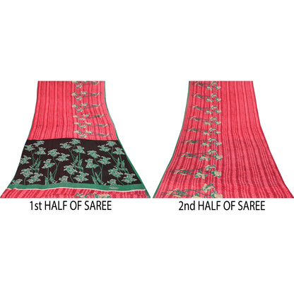 Sanskriti Vintage Sarees Indian Red Pure Cotton Printed Sari 5+yd Craft Fabric