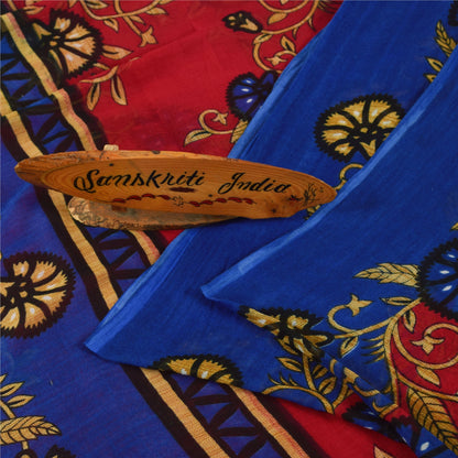 Sanskriti Vintage Sarees Red & Blue Pure Cotton Printed Sari 5+yd Craft Fabric