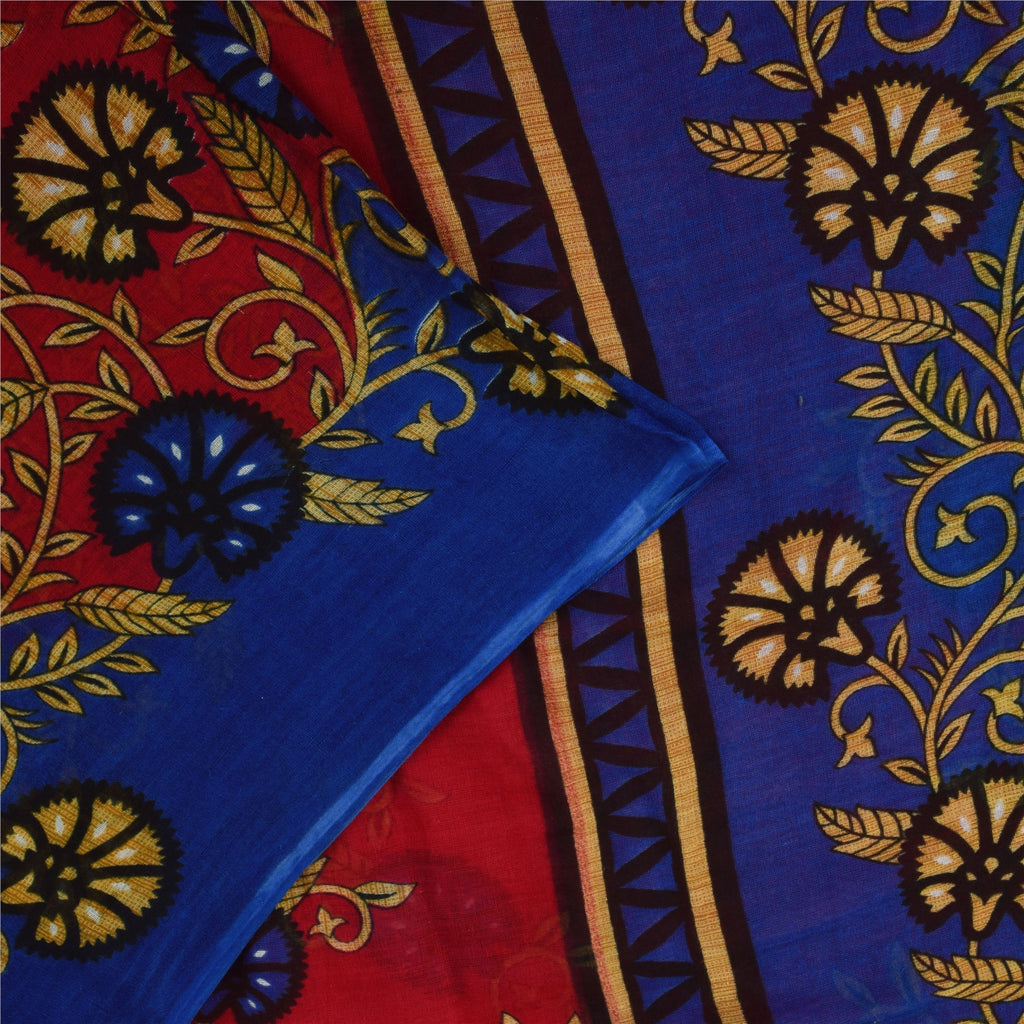 Sanskriti Vintage Sarees Red & Blue Pure Cotton Printed Sari 5+yd Craft Fabric