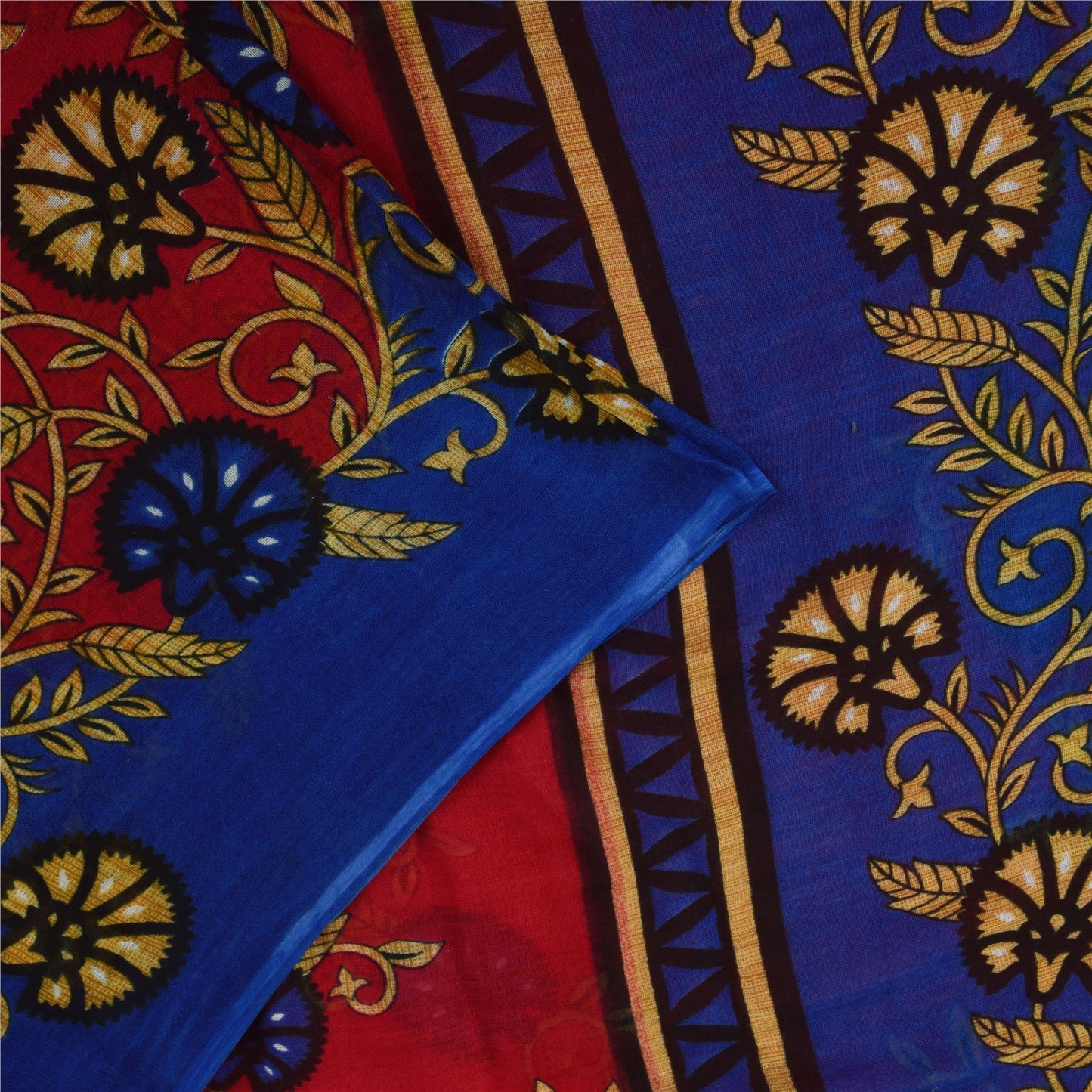 Sanskriti Vintage Sarees Red & Blue Pure Cotton Printed Sari 5+yd Craft Fabric