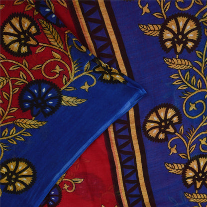 Sanskriti Vintage Sarees Red & Blue Pure Cotton Printed Sari 5+yd Craft Fabric