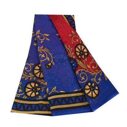 Sanskriti Vintage Sarees Red & Blue Pure Cotton Printed Sari 5+yd Craft Fabric